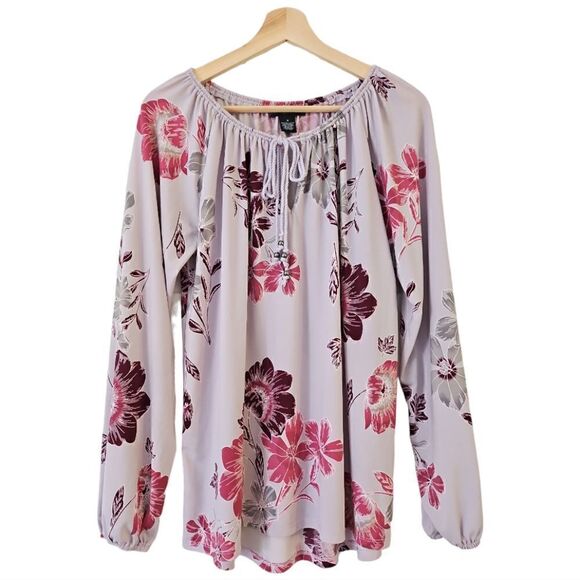 2/$15 Joan Vass Keyhole Neck Tie Lilac Floral Long Sleeve Blouse Top Size M - Picture 1 of 10